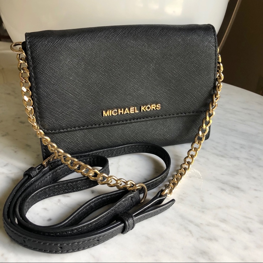 Michael Kors Jet Set Black and Gold Crossbody Purse Bag